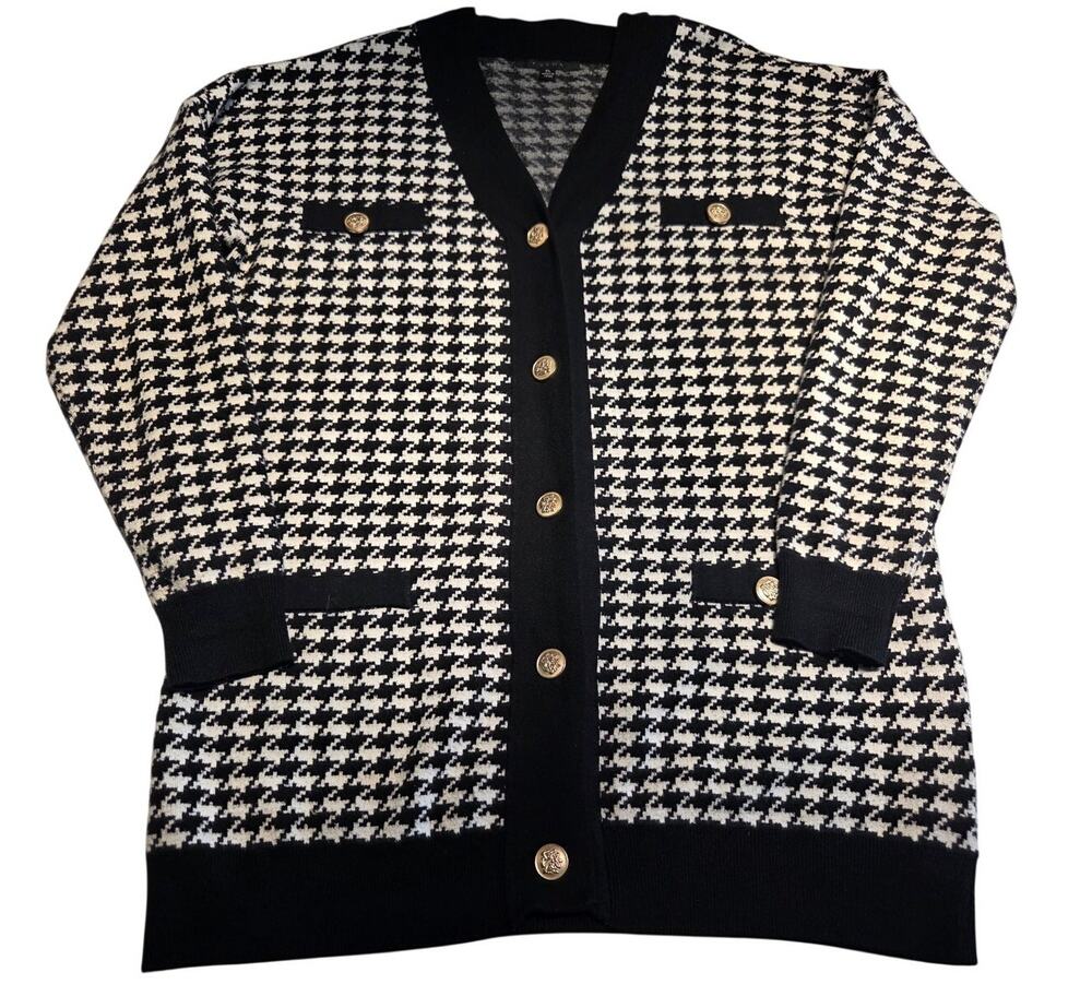 XL Houndstooth Cardigan Jacket Long Gold Button Chic Rayon Old Money Cyprus